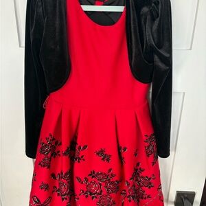 Elegant Red and Black Floral Kids Formal Dress